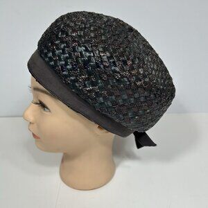 Vtg 60s Women Pillbox Hat Union Made Raffia Glazed Straw Woven Black Bow